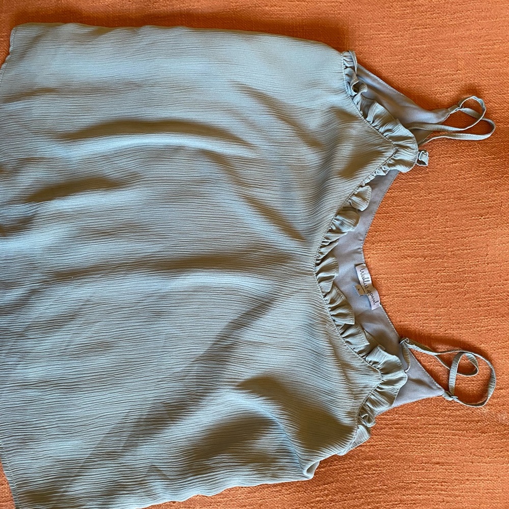 Olive Blouse With Scallop V-Neck